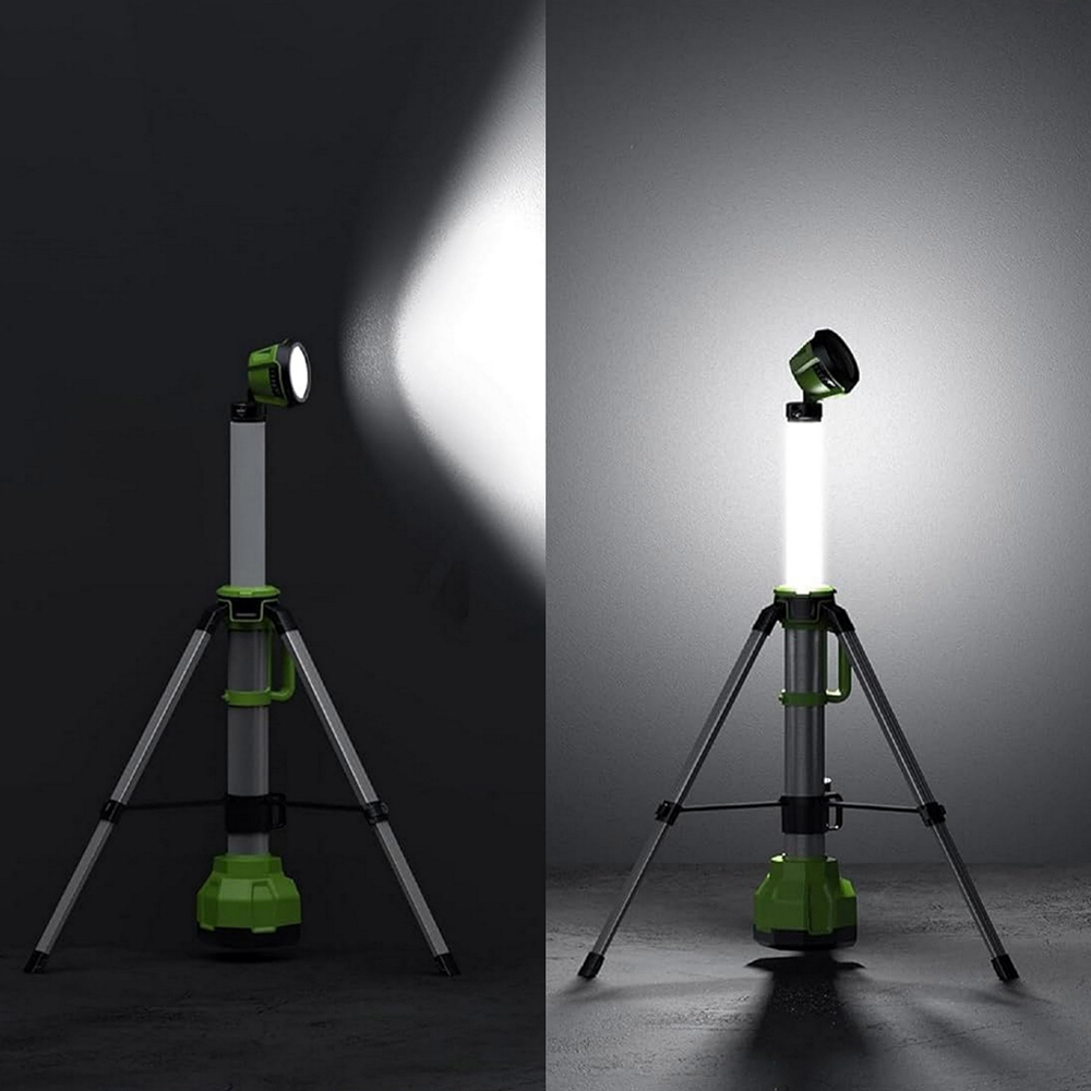 Аккумуляторная осветительная LED-vачта Greenworks G24WLS 2-1, 24v (без АКБ и З/У) - Мачта выполнена из алюминиевого сплава и имеет прочную складную конструкцию. Она легко транспортируется и быстро собирается. В рабочем положении её высота составляет 112 см, а в сложенном — 82 см. Широкое основание с триподом обеспечивает высокую устойчивость. Опоры надёжно фиксируются на поверхности, защищая от опрокидывания даже при сильном ветре.