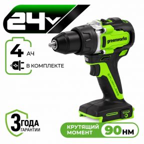 Аккумуляторная дрель-шуруповерт Greenworks GD24DD90 б/щ, 45/90 Н·м, 24v (АКБ 1x4Ah, З/У)