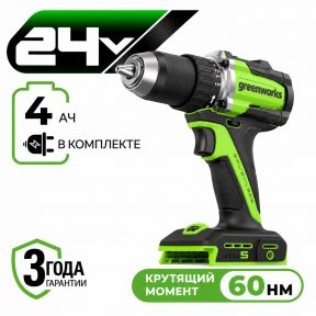 Аккумуляторная дрель-шуруповерт Greenworks DD560 б/щ, 60 Н·м, 24v (АКБ 1х4Ah, З/У)