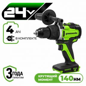 Аккумуляторная ударная дрель-шуруповерт Greenworks GD24DD140 б/щ, 70/140 Н·м, 24v (АКБ 1x4Ah, З/У)